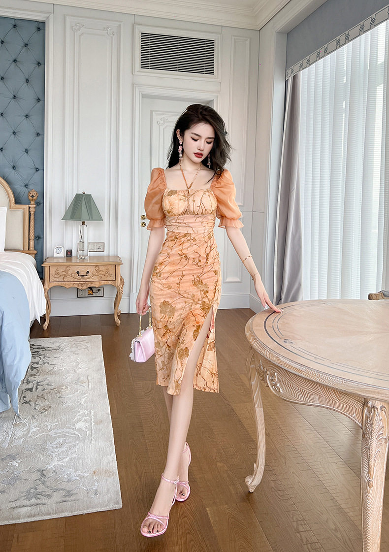 Đầm ôm body nữ dáng dài tay phồng cổ vuông phong cách Pháp — [Cam cổ điển] chi tiết 7