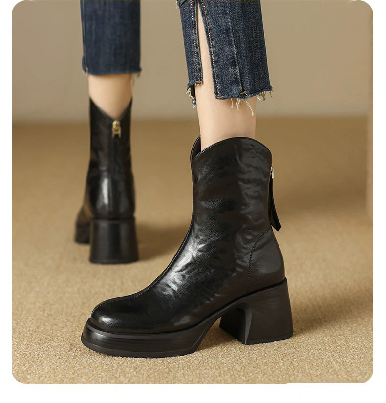 Boot nữ cổ thấp gót thô phong cách thời trang thanh lịch — Màu đen, Màu nâu