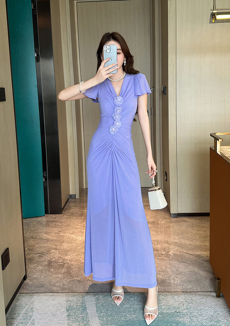 Đầm ôm body nữ phong cách Pháp cổ V tay ngắn eo cao — [Tử Đinh Hương] chi tiết 7