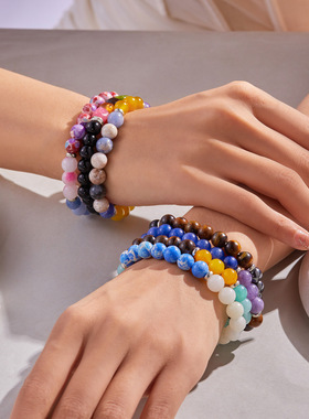 跨境新款天然石手链时尚个性寓意Love火山石恶魔之眼弹力手链