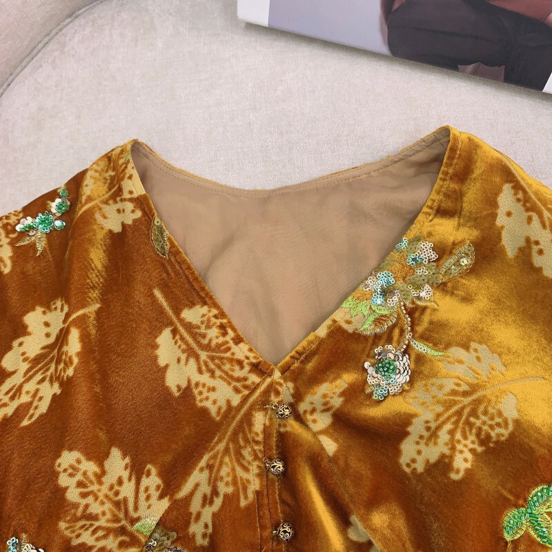 Đầm maxi nữ cổ chữ V thêu đính cườm chất liệu nhung — hồ bơi xanh, Sữa trắng, Tỏa sáng màu đen