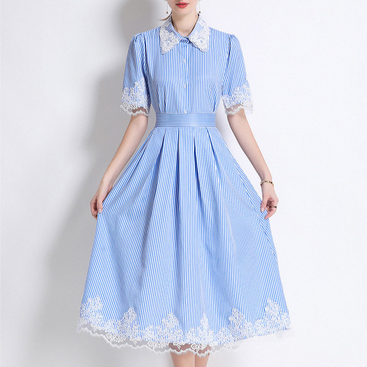 Lace Panel Short Sleeve Striped OL Shirt Set A Line Pleated Midi Skirt Summer Office Wear Wholesale Available