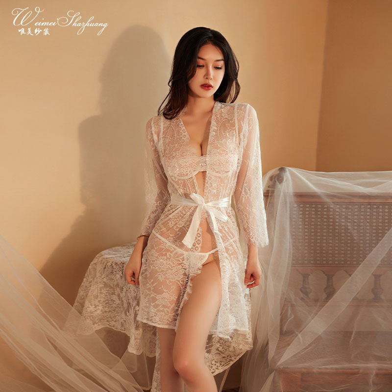 唯美纱性感蕾丝透视诱惑开衫外套女透明网纱情趣睡裙透视绑带睡裙