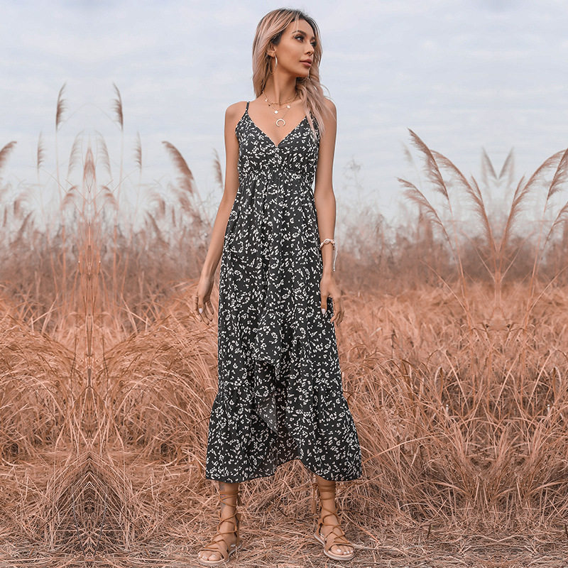 Summer Womens Irregular Hem Dress Sexy Floral Print V Neck Spaghetti Straps Casual Party Wear Wholesale Available
