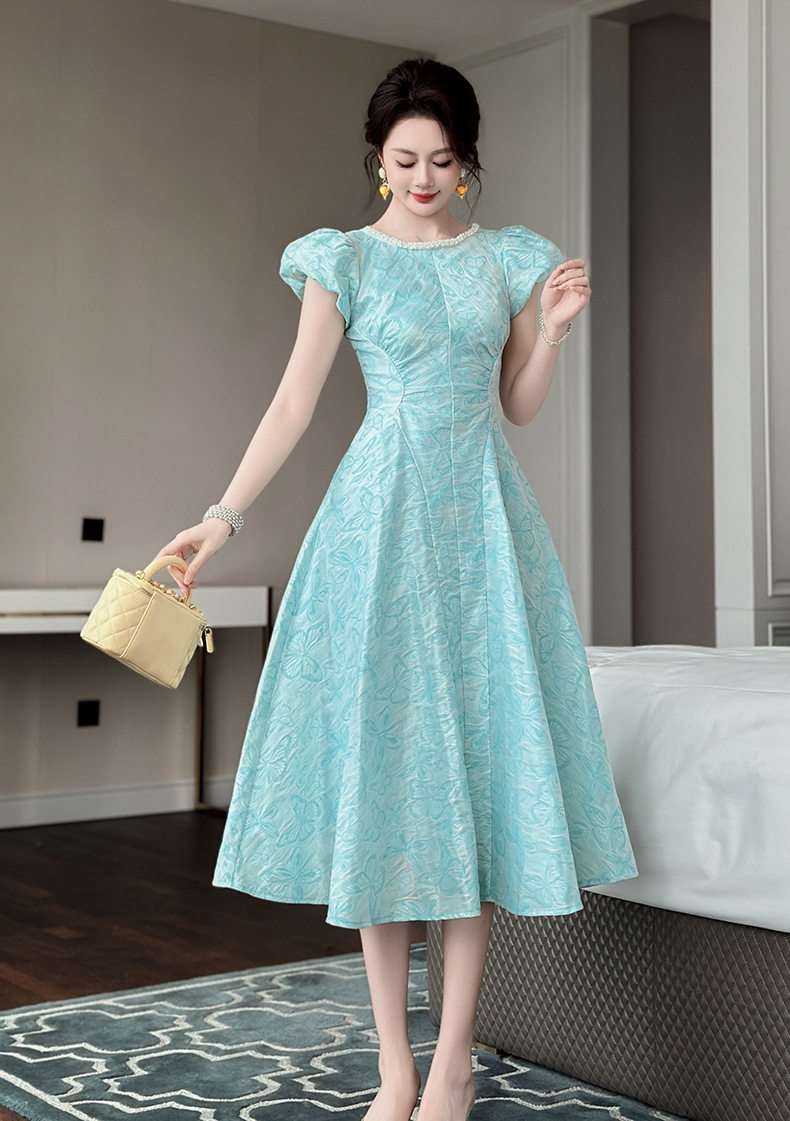 Đầm maxi nữ cổ vuông tay ngắn dáng chữ A — [Xanh nhạt] chi tiết 13