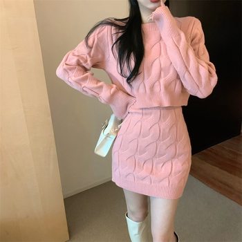 Twist Knitted Sweater Set 2024 Lazy Style Thickened Skirt Women's Slim Long Sleeve High Waist Hip Skirt Two-Piece Set