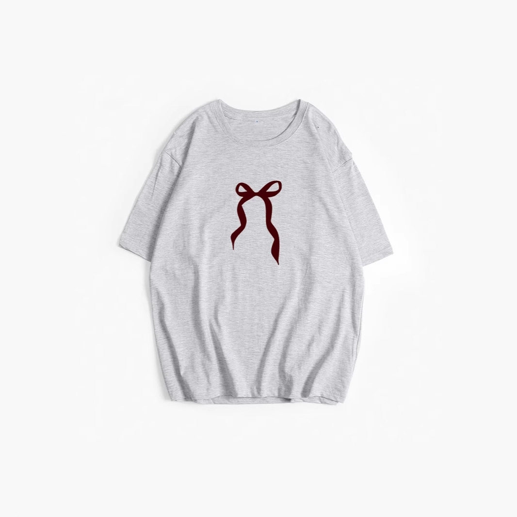 Womens Vintage Bow Print T Shirt Summer Casual Style Loose Fit Round Neck Short Sleeve 100 Cotton Wholesale