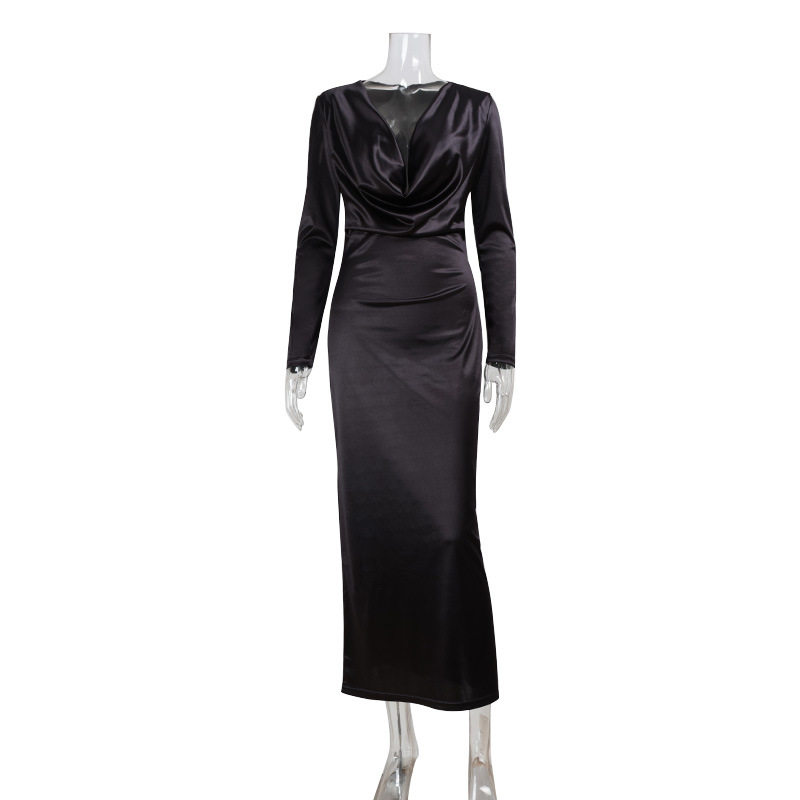 Elegant Solid Color Long Sleeve V Neck Satin Evening Dress Autumn Fashion Perfect for Formal Events Wholesale Available
