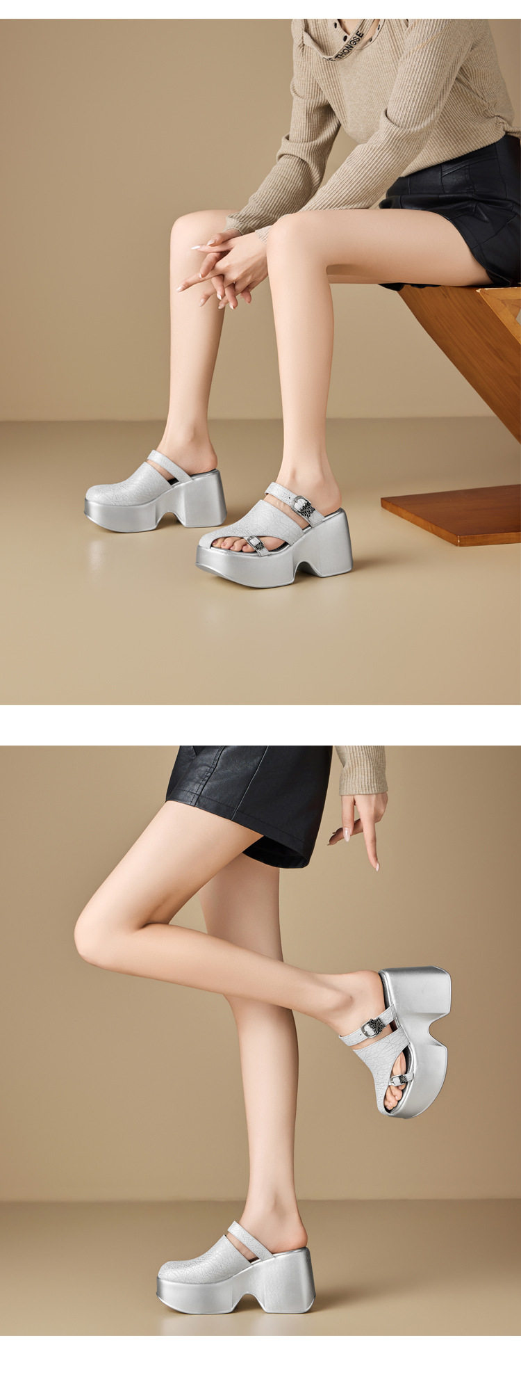 Sandal cao gót nữ hở mũi đế xuồng 10 cm da bò thật phong cách La Mã — [Đen], [Bạc], [Vàng nhạt] chi tiết 6