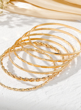 ins欧美跨境手饰 菱形麻花光面手镯6件套 不规则朋克手镯套装