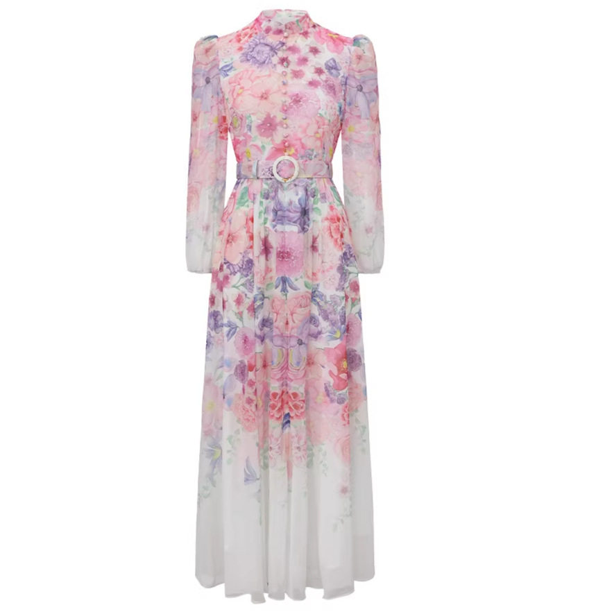 French Romantic Floral Long Sleeve Dress for Women Stand Collar Waist Tie Flattering A Line Perfect for Spring and