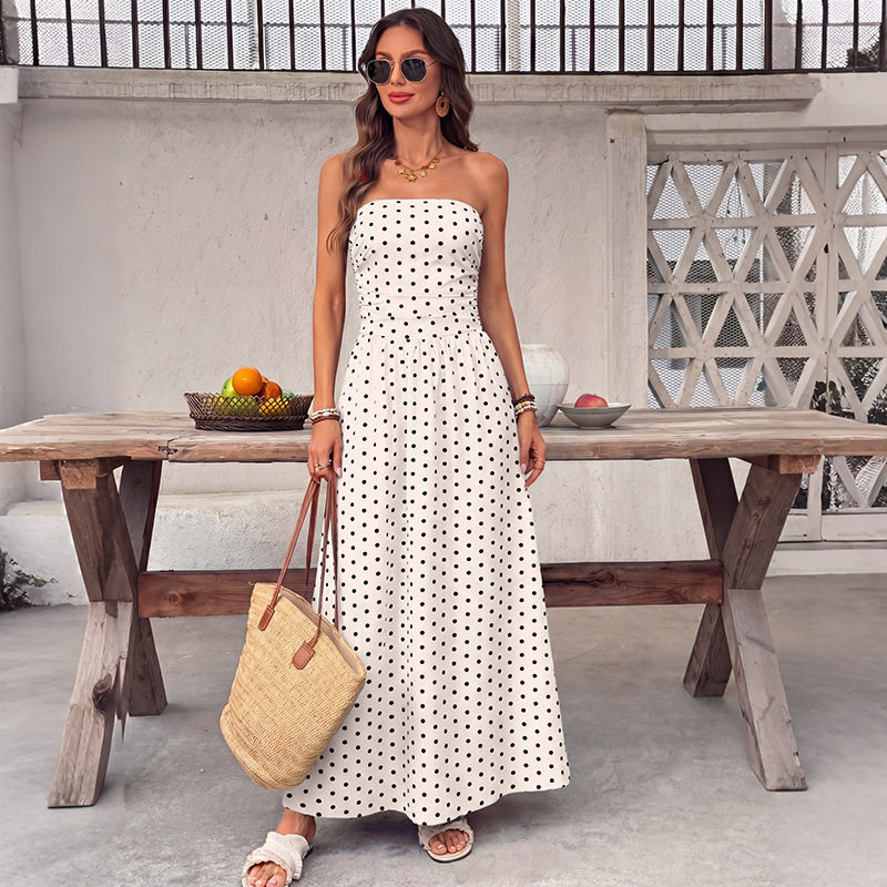 French Style Sleeveless Maxi Dress Polka Dot Design Elegant Vacation Wear Perfect for Summer Events Wholesale