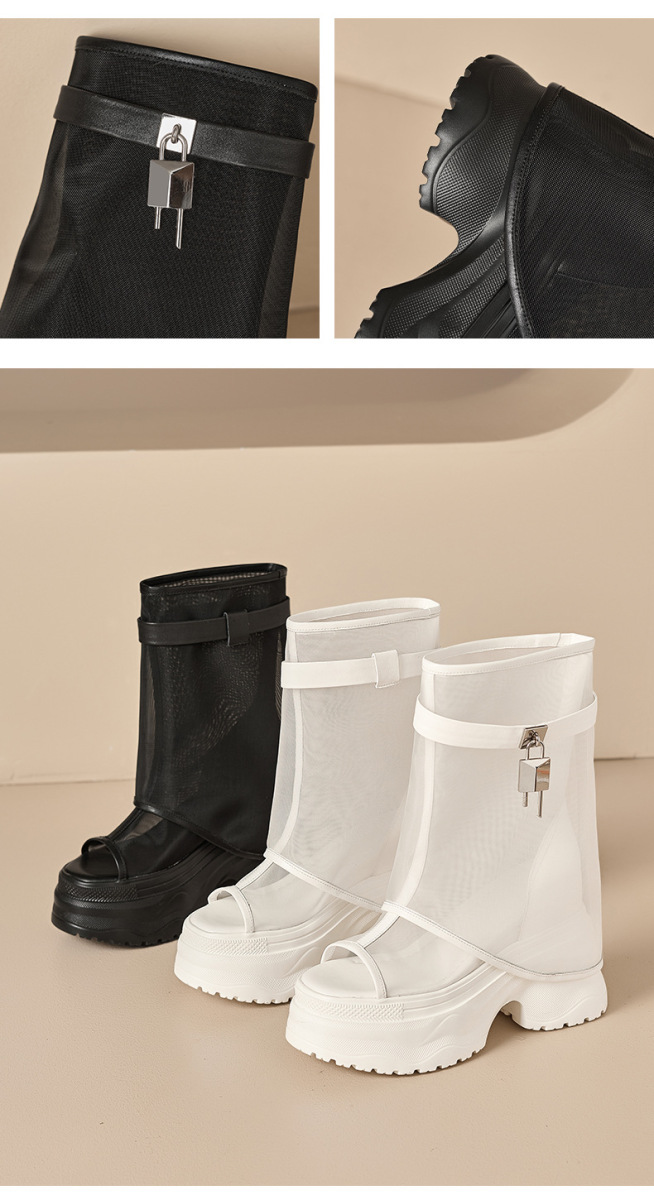 Boot nữ cổ trung lưới khoét hở phối da bò, đế dày tăng chiều cao — Đen có hình, màu đen, Màu nâu, Màu nâu có hình
