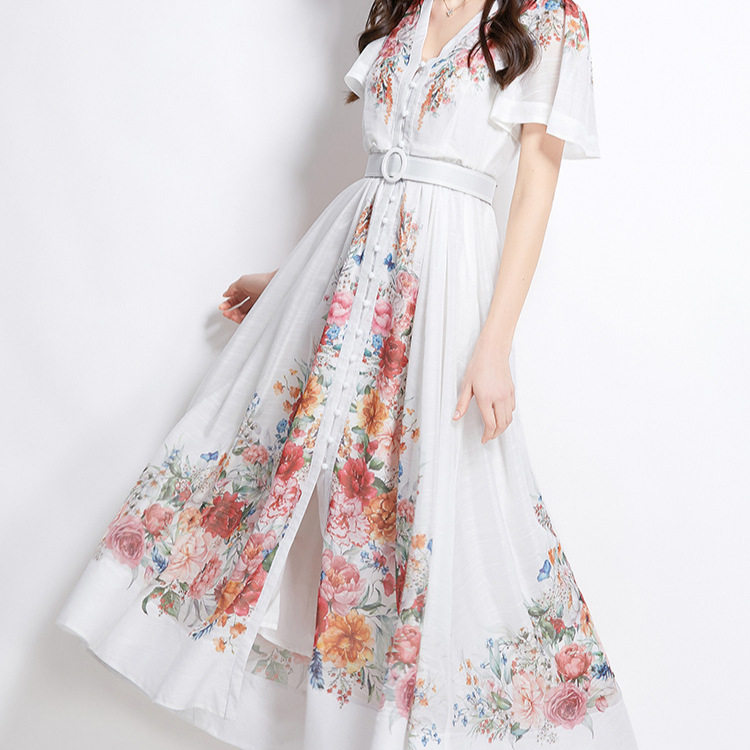 French Style Womens Dress Elegant Deep V Neck Single Breasted Flutter Sleeves Waist Cinching Floral Print