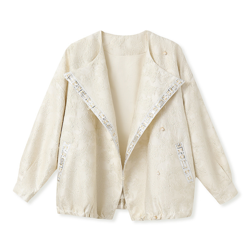 Áo khoác cardigan dệt kim thêu họa tiết hình học dáng ngắn tay dài — Màu trắng nhạt, Màu xanh hải quân