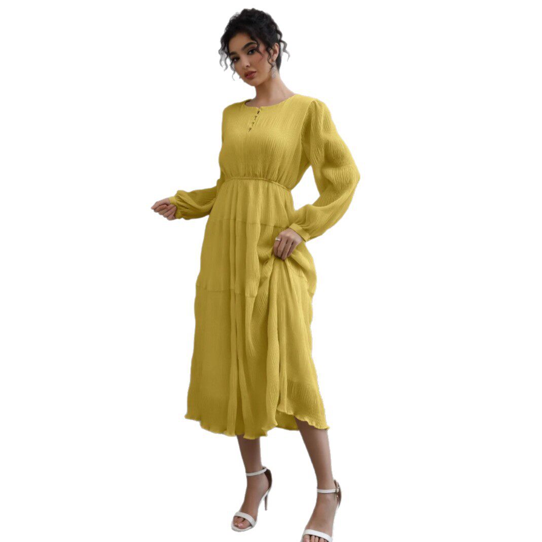 French Puff Sleeve Long Sleeve Dress Elegant Style Soft Fabric Autumn Colors Perfect for Tea Parties or Casual