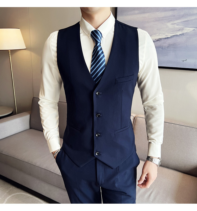 Bộ com-lê nam ba mảnh dáng ôm, áo vest một hàng khuy phong cách công sở — Màu xám (áo một nút + áo vest + quần), Màu xanh (áo một nút + áo vest + quần), Màu đen (áo một nút + áo vest + quần), Màu xanh navy (áo một nút + vest + quần)
