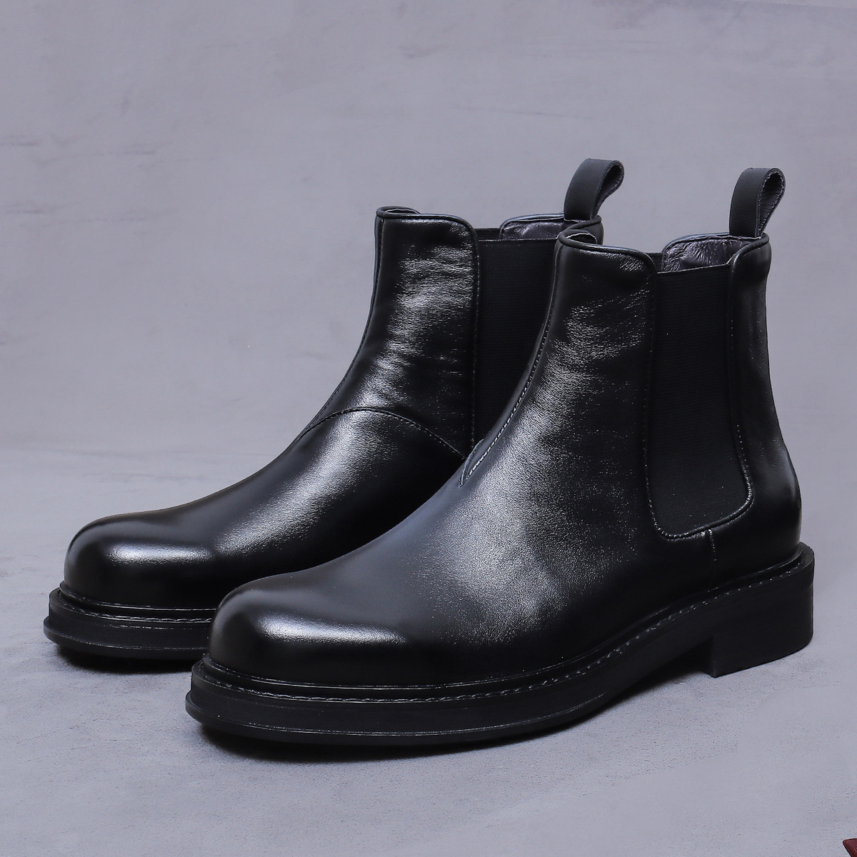 Giày boot Chelsea nam da bò thật cổ thấp đế dày phong cách công sở — đen