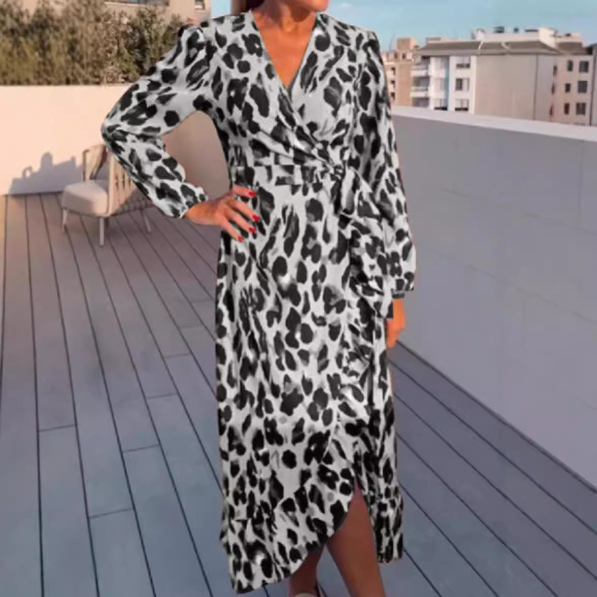 Casual Womens Dress V Neck Long Sleeve Leopard Print Comfortable Fabric Perfect for Everyday Wear Wholesale