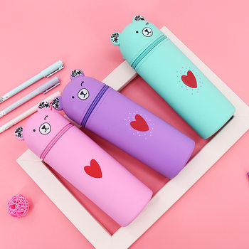 Bear Creative Stationery Pencil Bag Student Supplies Penholder Holiday Gift Beauty Makeup Storage Box Silicone Portable Pencil Case