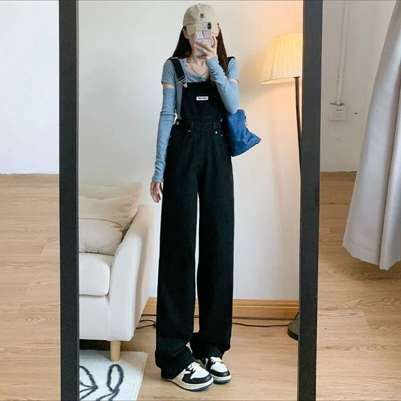 Womens Denim Jumpsuit Loose Fit Plus Size Adjustable Straps Floor Length Spring Fall Casual Wear Wholesale