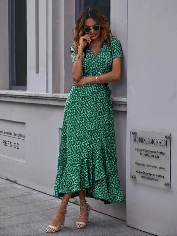 Floral Print V Neck Short Sleeve Wrap Dress Casual Elegant Comfortable Perfect for Parties and Gatherings Wholesale