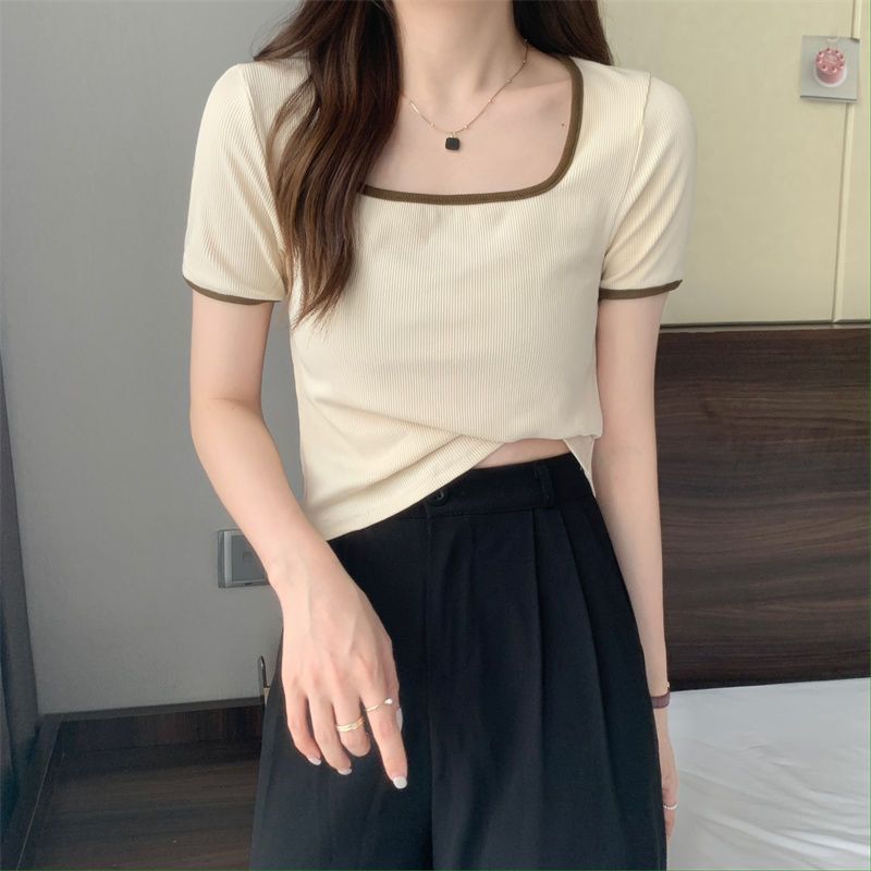 Plus Size Womens Short Sleeve T Shirt Square Neck Slimming Fit Comfortable Fabric Spring and Autumn Layering