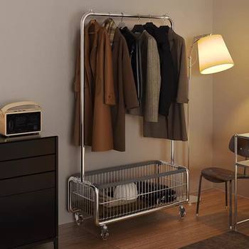 Light Luxury Floor-Standing Coat Rack, Movable Clothes Rack for Bedroom, Indoor Rack with Wheels and Dirty Clothes Basket for Hanging Clothes