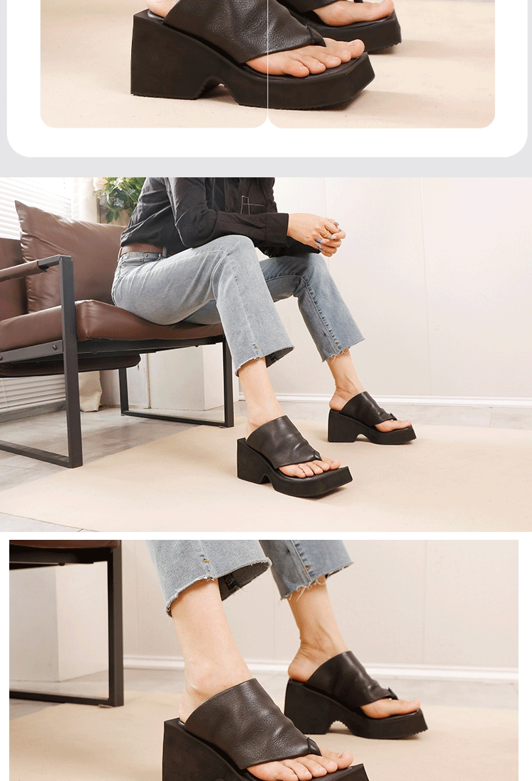 Dép xỏ ngón nữ da bò thật đế cao gót 8cm phong cách cổ điển — Màu đen