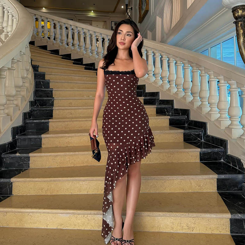 Brown Polka Dot Print Lace Trimmed Cami Dress Summer Vacation Style Asymmetrical Hem Wholesale Available