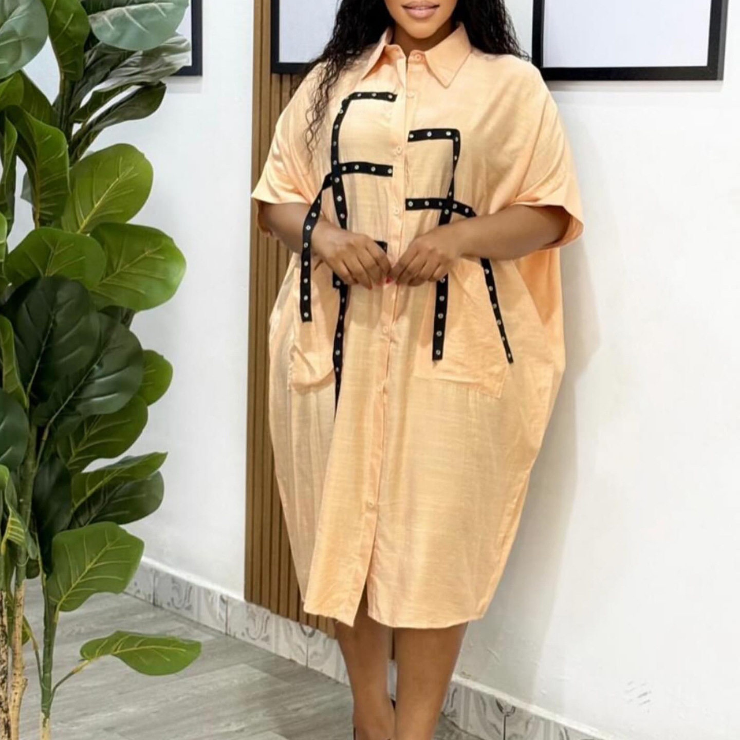 Womens Short Sleeve Fashionable Loose Fit Shirt Dress Mid Length Turn Down Collar Casual Style Wholesale Available