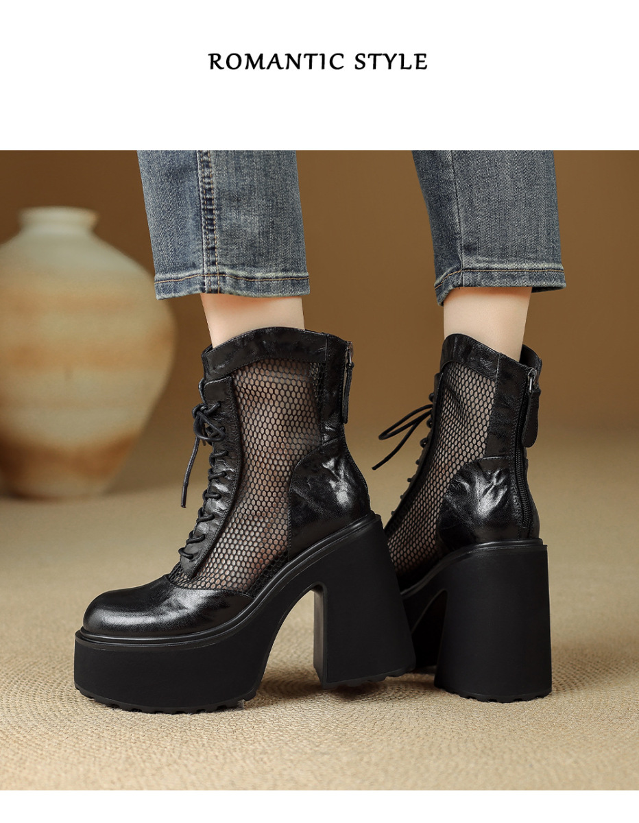 Boot nữ cao gót siêu cao đế platform khoét lỗ phối lưới thoáng khí — màu đen