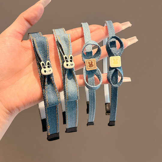 2025 new children's hairband girls cute Denim fabric rabbit headband high elastic hair clip headwear