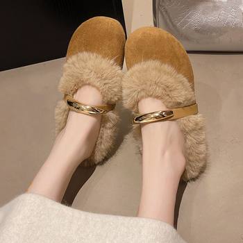 2025 New Autumn and Winter Pai Flats-Bottomed Toe-Toe Fur Half Slippers, Suede Fabric, Fleece-Lined and Cotton, Luxurious Foot Feel