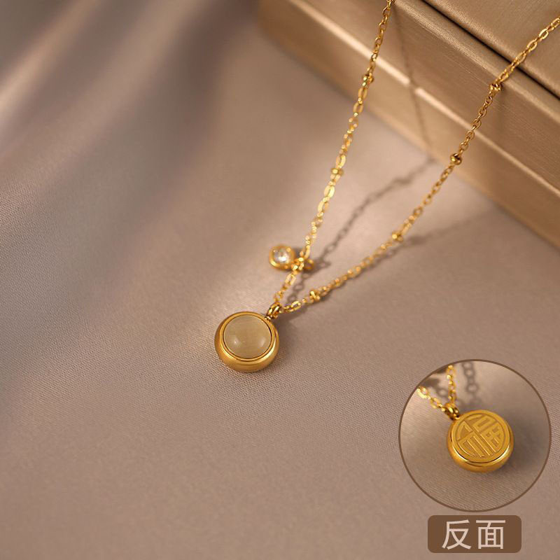New Style Fu Character Cat's Eye Stone Pendant Titanium Steel Necklace for Women, Summer Light Luxury Niche Design Clavicle Chain Accessories Wholesale