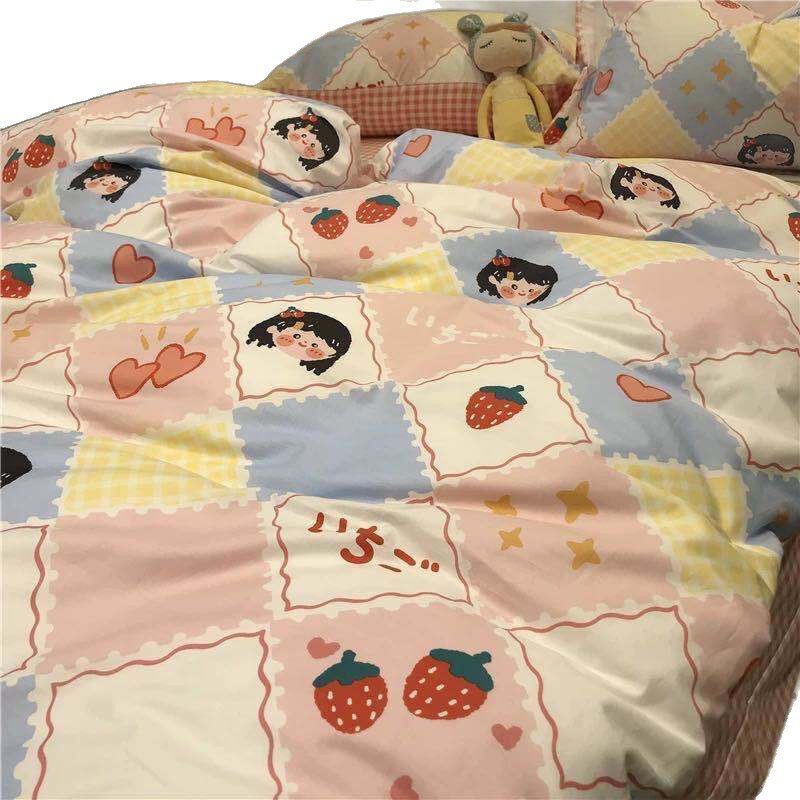 Cartoon Color Matching Four-Piece Quilt Cover Bedding Ins Girly Heart Quilt Cover Kidsren's Dormitory Bed Single Three-Piece Set