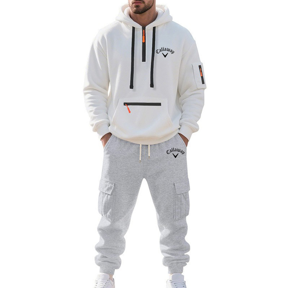 2025跨境男装亚马逊冬季加绒男士休闲套装宽松运动多口袋工装套装