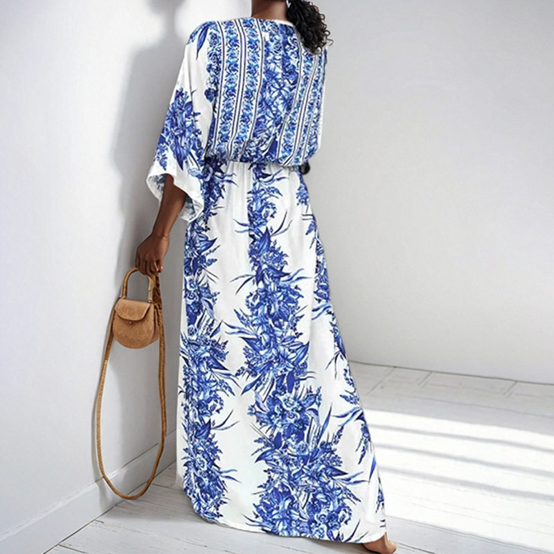 Elegant Floral V Neck Tie Waist Long Dress Spring Collection Womens Fashion Comfortable Fit Wholesale Available