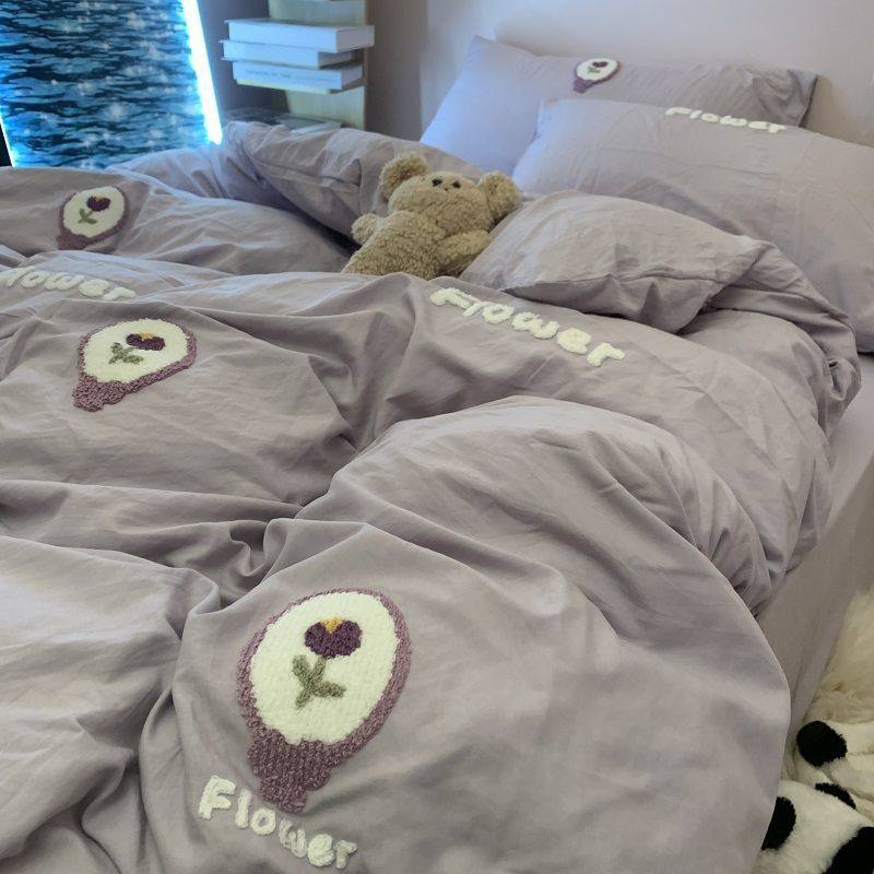 Ins Korean Embroidered Purple Tulip Quilt Cover Bedding Four-Piece Set Washed Cotton Dormitory Bed Bed Sheets Three-Piece Set