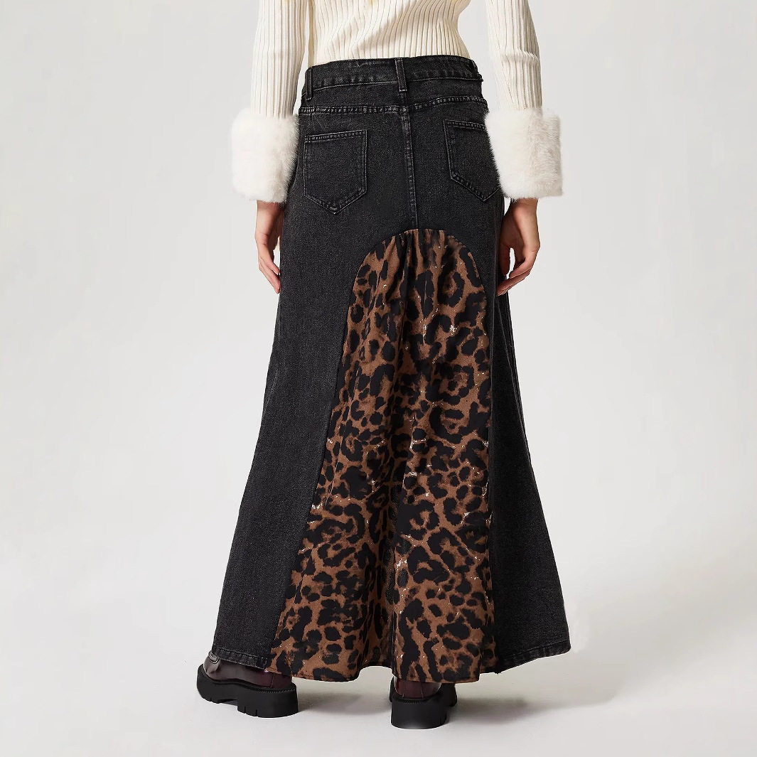 Leopard Print Denim Skirt Versatile Stylish Autumn Fashion Perfect for Streetwear Wholesale Available