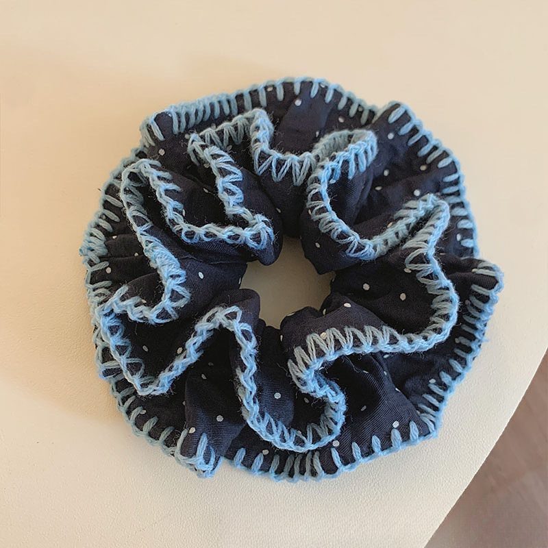 Navy Blue Polka Dot Stitching Lace Double-Layered Hair Tie for Women Korean Style Hair Tie Ball Hair Rope Headband