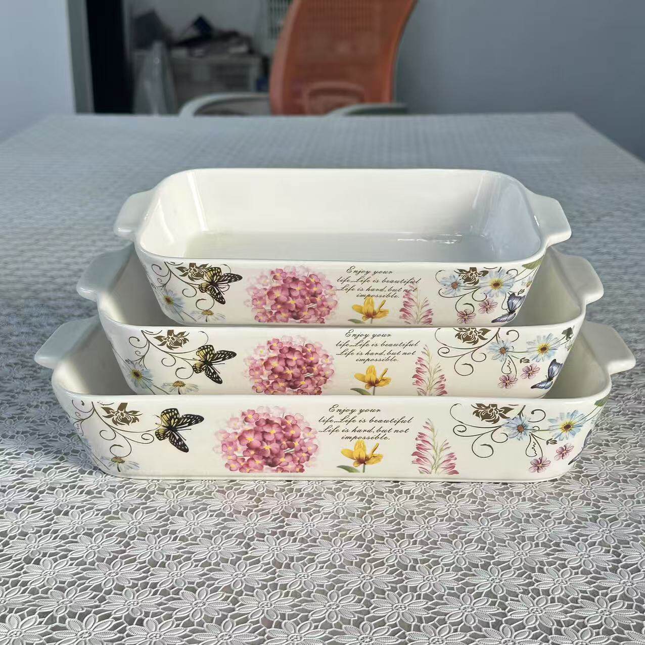 Foreign Trade Export Scandinavian Double-Eared Baking Pan Decal Household Ceramic Tableware Microwave Oven Rectangular Baking Pan Set