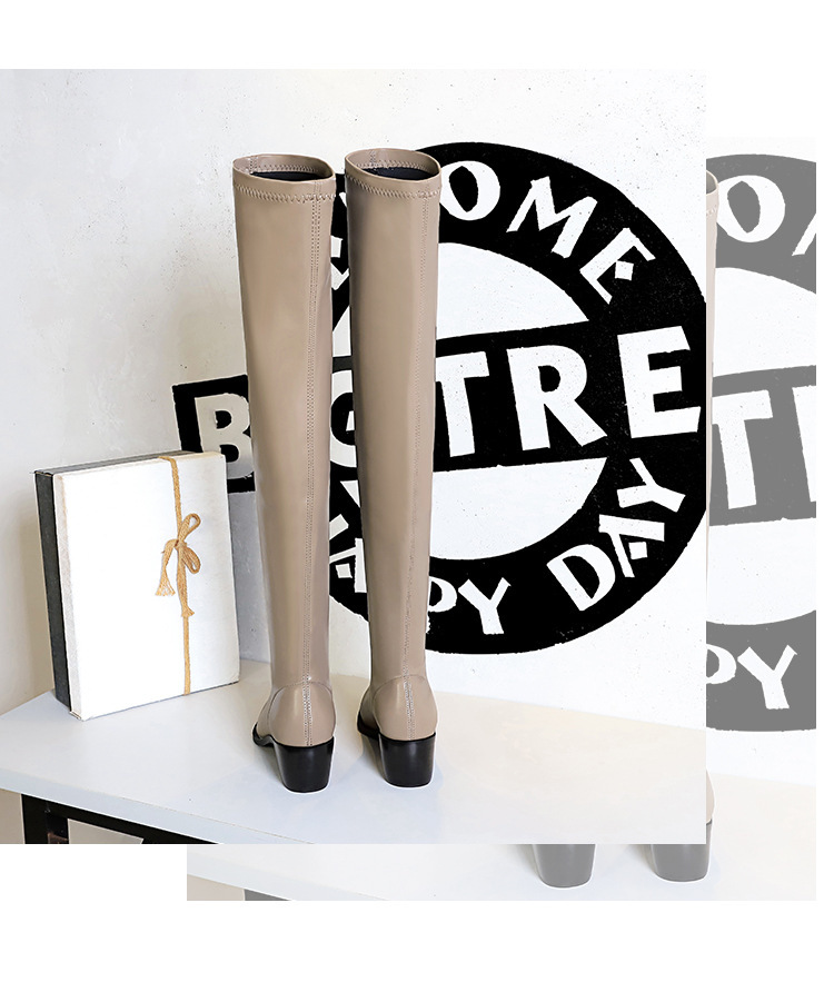 Boot nữ cổ cao quá gối gót vuông mũi nhọn phong cách thanh lịch — Màu cà phê, Màu đen, Màu Kaki