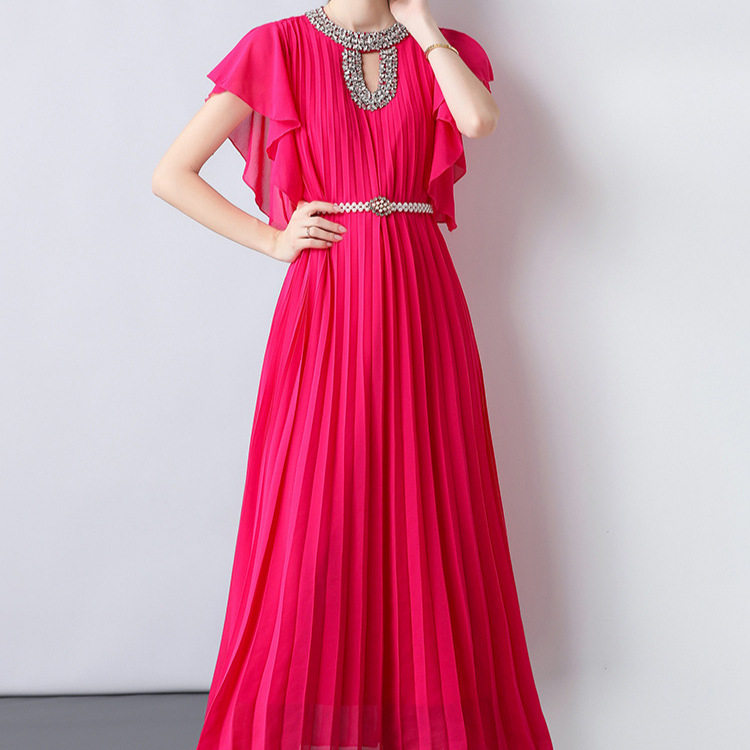 Elegant Long Dress Ruffled Sleeves Embellished Neckline Fitted Waist Vintage Style for Formal Occasions Wholesale