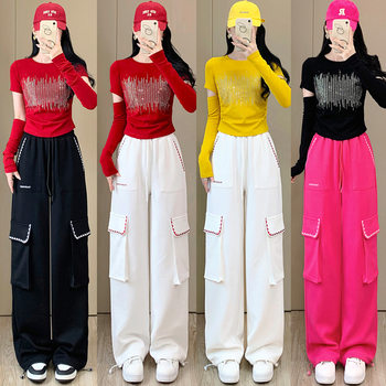 Fashion sports suit women's autumn and winter 2024 new fried street fashion disassembly sleeve T-shirt slim overalls two-piece set