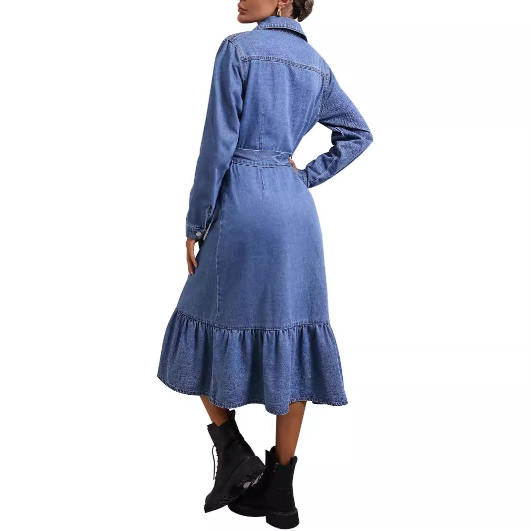 Vintage Denim Long Sleeve Dress for Women Slim Fit Waist Defining Casual Style Perfect for Spring and Summer