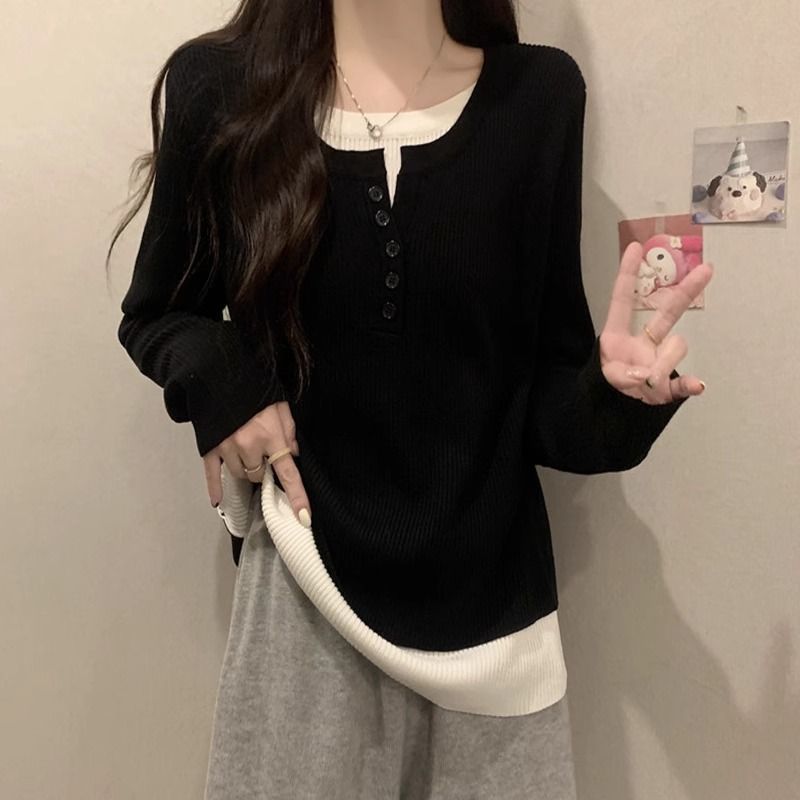 Gray Knit Two Piece Style Top for Women Loose Fit Long Sleeve Casual Layering Shirt Fall Winter Collection Wholesale
