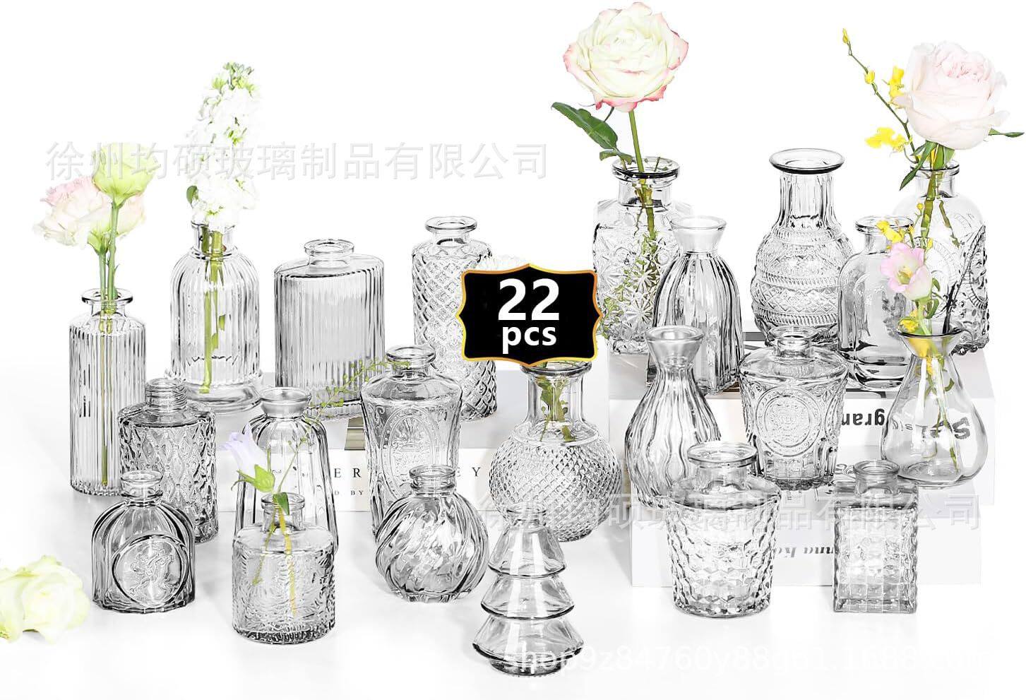 跨境热销复古玻璃花瓶插画高级感香薰瓶 透明ins风摆件小花瓶套装