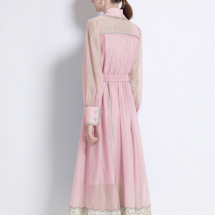 French Elegant Lace Panel Lantern Sleeve Dress Hollow Out Single Breasted Waist Defining Perfect for Formal Occasions