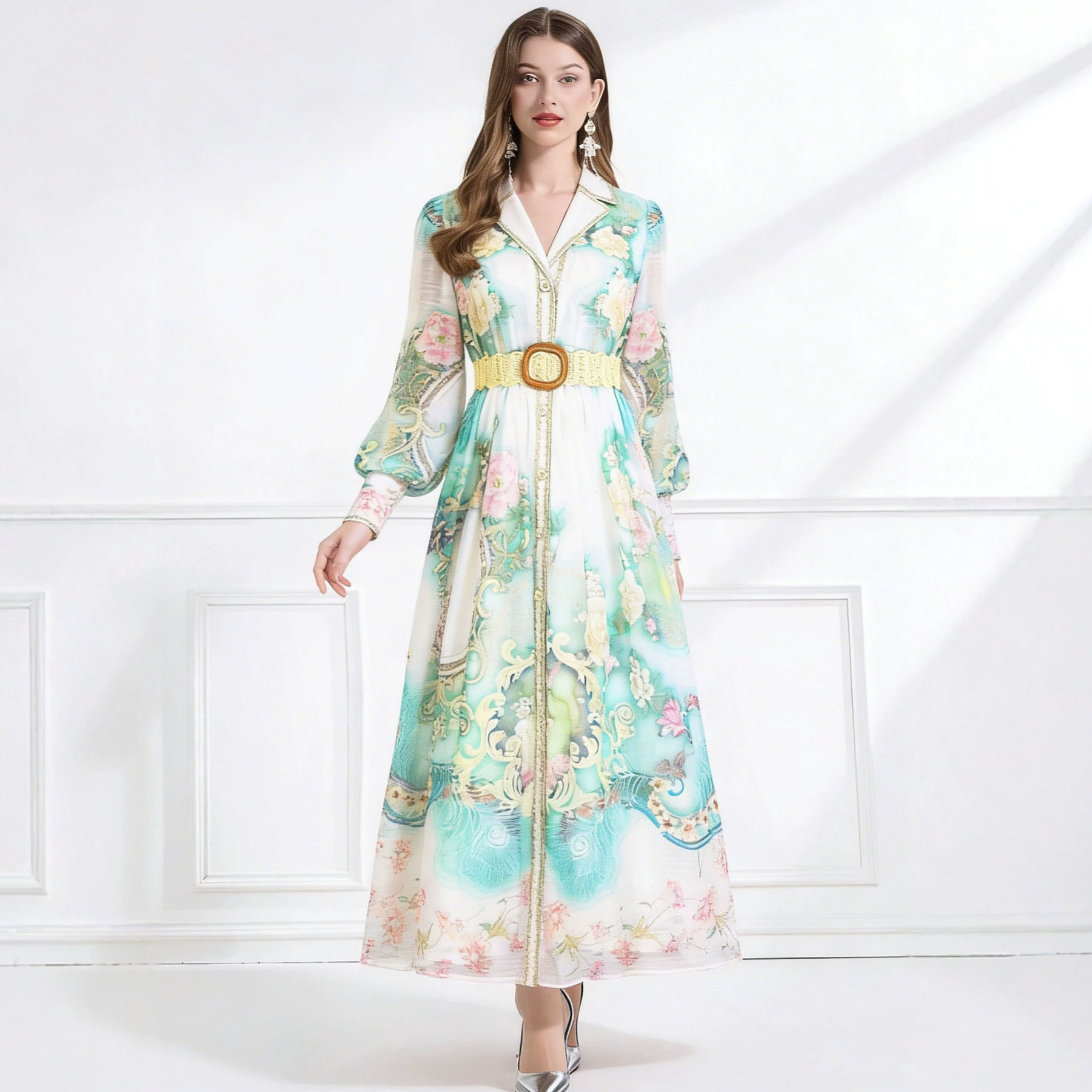 French Floral Print Long Sleeve A Line Dress for Women V Neck Waist Defined Elegant Style Spring Office Wear